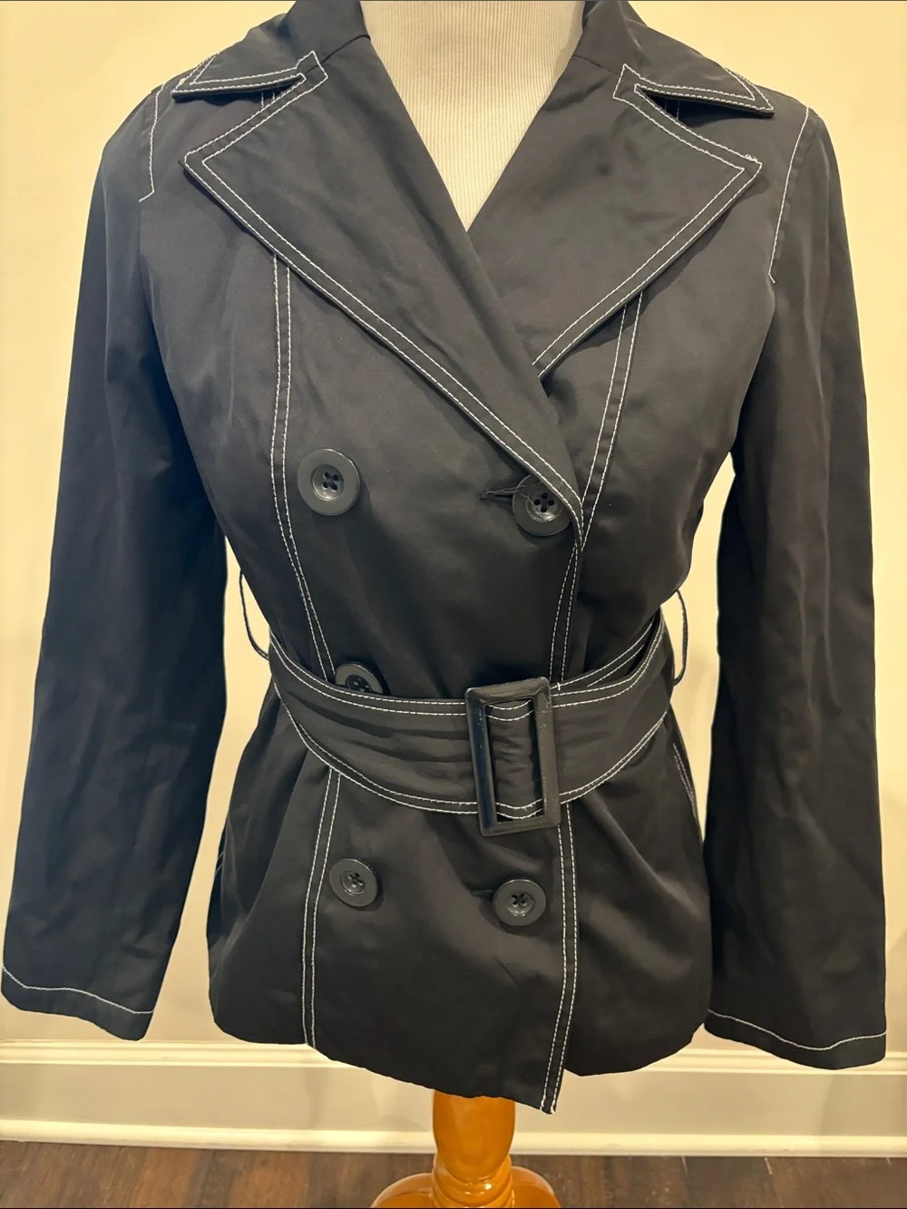 White House Black Market Black Double-Breasted Trench with Contrast Stitching